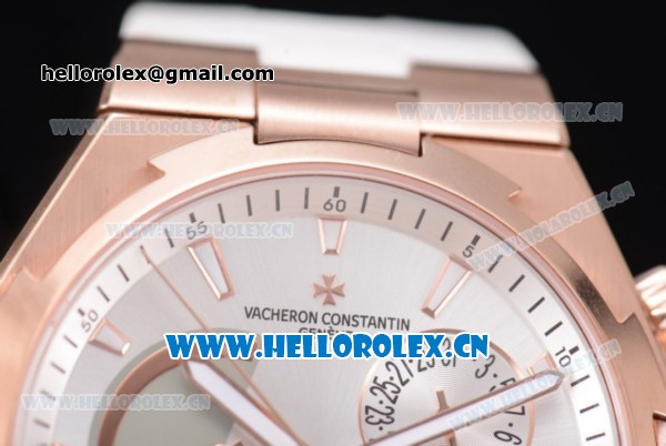 Vacheron Constantin Overseas Dual Time Asia ST30 Automatic Rose Gold Case with Silver Dial Stick Markers and White Rubber Strap - Click Image to Close